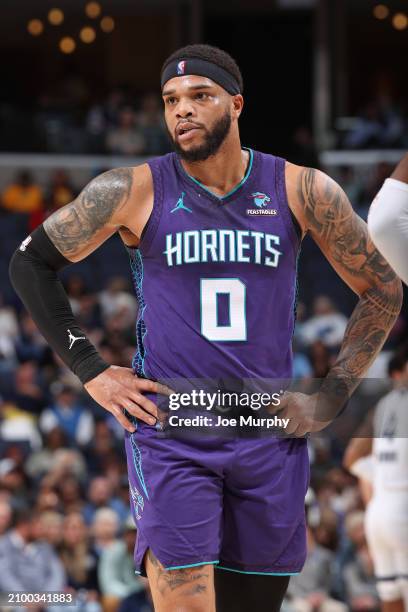 Miles Bridges of the Charlotte Hornets looks on during the game against the Memphis Grizzlies on March 13, 2024 at FedExForum in Memphis, Tennessee....