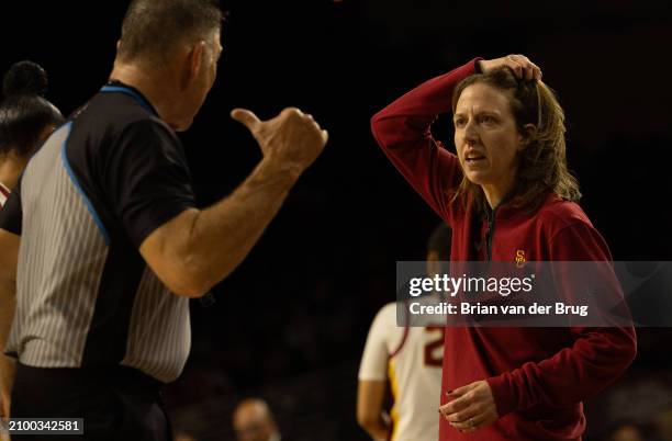 Los Angeles, CA USC Head coach Lindsay Gottlieb, right, talks with a referee during 2nd quarter as the seed USC Trojans play Texas A&M Corpus Christi...