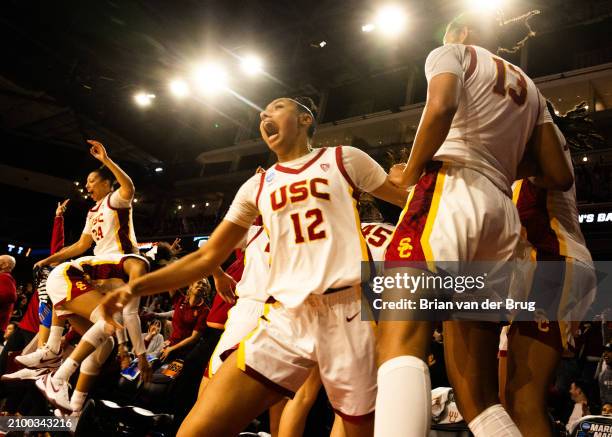 Los Angeles, CA USC's Juju Watkins no. 12 celebrates in the final seconds with Trojan teammates as they defeat Texas A&M Corpus Christi in the first...