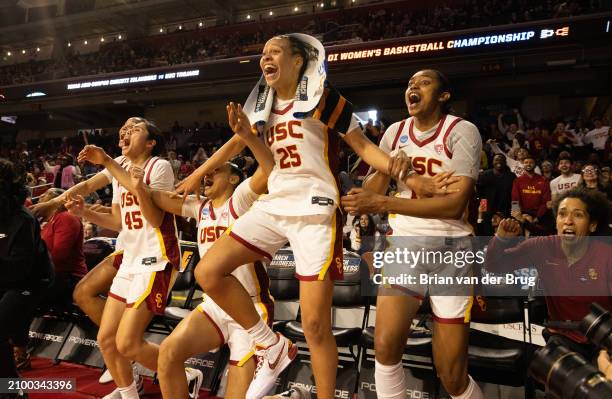 Los Angeles, CA USC's McKenzie Forbes no. 25 celebrates in the final seconds with Trojan teammates as they defeat Texas A&M Corpus Christi in the...