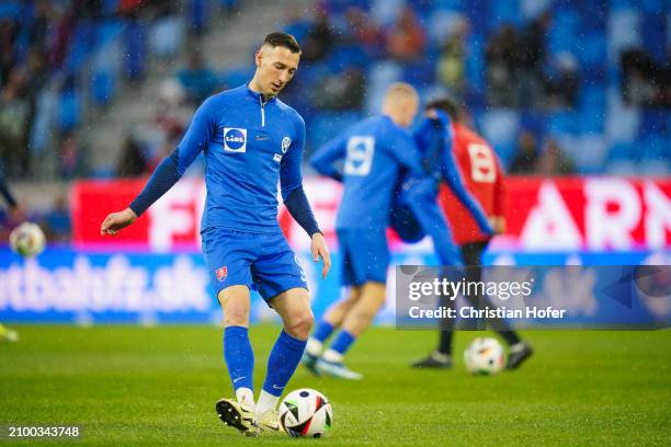 Robert Bozenik of Slovakia warms up prior to the international friendly match between Slovakia and Austria at National Football stadium on March 23,...