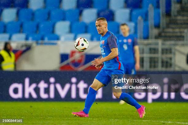Peter Pekarik of Slovakia controls the ball during the international friendly match between Slovakia and Austria at National Football stadium on...