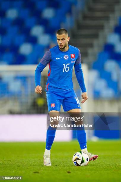 David Hancko of Slovakia controls the ball during the international friendly match between Slovakia and Austria at National Football stadium on March...