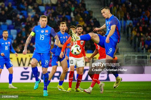 Robert Bozenik of Slovakia in action during the international friendly match between Slovakia and Austria at National Football stadium on March 23,...