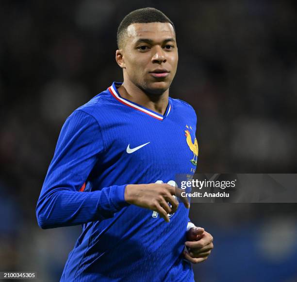 Kylian Mbappe of France in action during the international friendly football match between France and Germany at Groupama Stadium in...