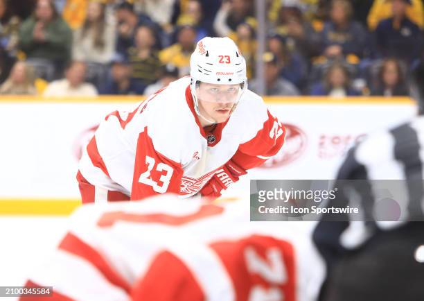 Detroit Red Wings right wing Lucas Raymond is shown during the NHL game between the Nashville Predators and Detroit Red Wings, held on March 23 at...