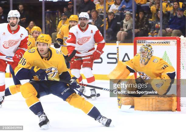 Nashville Predators left wing Cole Smith is shown during the NHL game between the Nashville Predators and Detroit Red Wings, held on March 23 at...