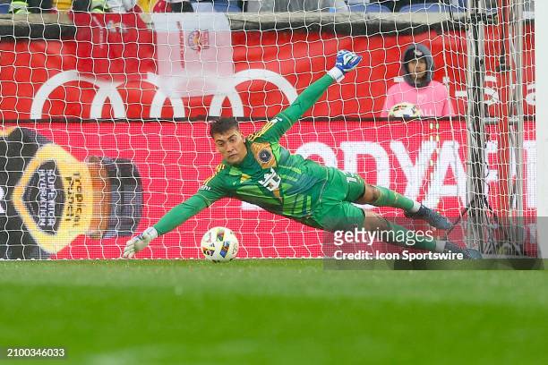 Dos Santos of Inter Miami dives and cannot make the save on the shot by Lewis Morgan of New York Red Bulls during the first half of the Major League...