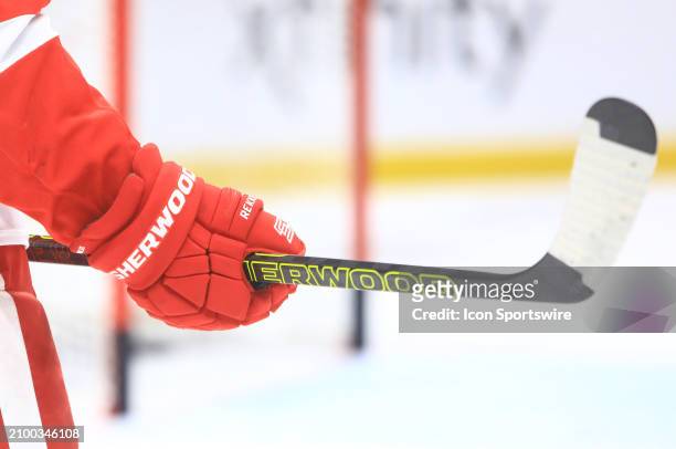 Sherwood glove in the colors of the Detroit Red Wings is shown prior to the NHL game between the Nashville Predators and Detroit Red Wings, held on...