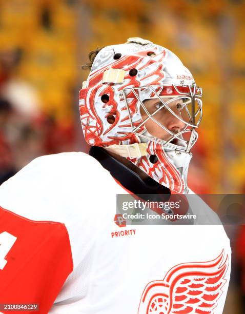 The artwork on the mask of Detroit Red Wings goalie Alex Lyon is shown prior to the NHL game between the Nashville Predators and Detroit Red Wings,...