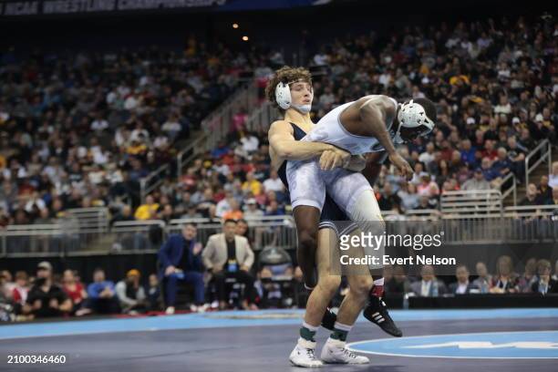 Levi Haines of the Penn State University Nittany Lions wrestles Jacori Teemer of the Arizona State University Sun Devils during the Division I Men's...