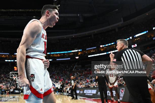 Michael O'Connell of the North Carolina State Wolfpack reacts after a basket in the second half of the game against the Oakland Golden Grizzlies...