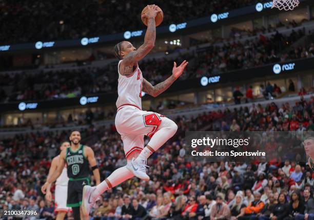 DeMar DeRozan of the Chicago Bulls drives to the basket for a layup during the second half against the Boston Celtics at the United Center on March...