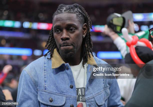 Jrue Holiday of the Boston Celtics looks on as he walks back to the locker room after a game against the Chicago Bulls at the United Center on March...