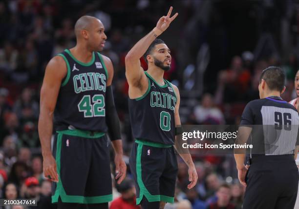 Jayson Tatum of the Boston Celtics reacts to a call during the second half against the Chicago Bulls at the United Center on March 23, 2024 in...