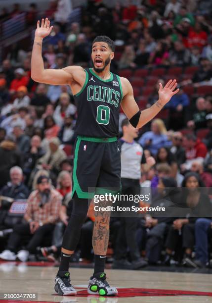 Jayson Tatum of the Boston Celtics reacts to a call during the second half against the Chicago Bulls at the United Center on March 23, 2024 in...