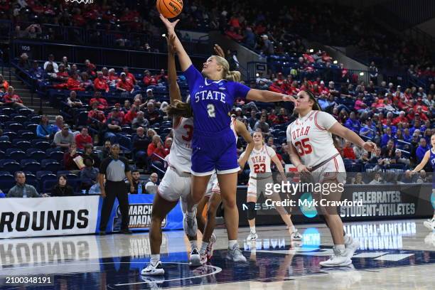 Jenna Hopp of the South Dakota State Jackrabbits lays the ball up against the Utah Utes during the first round of the 2024 NCAA Women's Basketball...