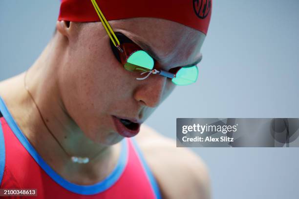 Alessia Ferraguti of the Arkansas Razorbacks prepares for the Women's 200 Yard Breaststroke consolation finals during the Division I Women's Swimming...