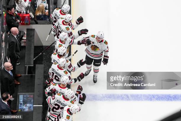 Ryan Donato of the Chicago Blackhawks celebrates a goal against the San Jose Sharks at SAP Center on March 23, 2024 in San Jose, California.