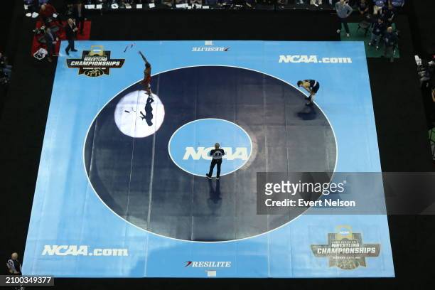 David Carr of the Iowa State University Cyclones celebrates his win over Mitchell Mesenbrink of the Penn State University Nittany Lions in the...