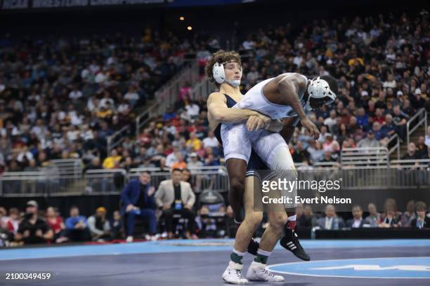 Levi Haines of the Penn State University Nittany Lions wrestles Jacori Teemer of the Arizona State University Sun Devils during the Division I Men's...