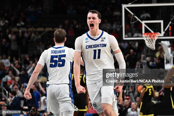 Ryan Kalkbrenner of the Creighton Bluejays reacts after a basket in the second overtime of the game against the Oregon Ducks during the second round...