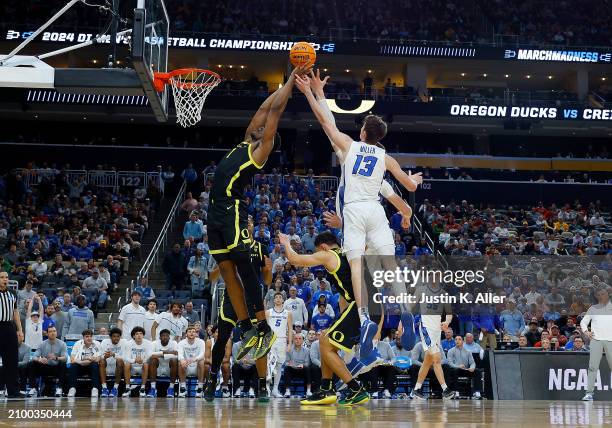 Faly Dante of the Oregon Ducks grabs a rebound in the second half of the game against the Creighton Bluejays during the second round of the 2024 NCAA...