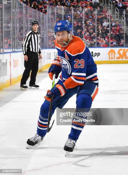 Leon Draisaitl of the Edmonton Oilers in action during the game against the Montreal Canadiens at Rogers Place on March 19 in Edmonton, Alberta,...