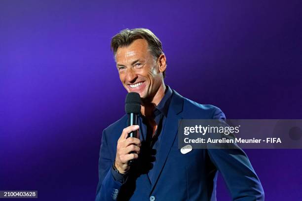 Herve Renard France Women football coach speaks onstage before the Olympic football tournament final draw at Paris 2014 HQ on March 20, 2024 in...