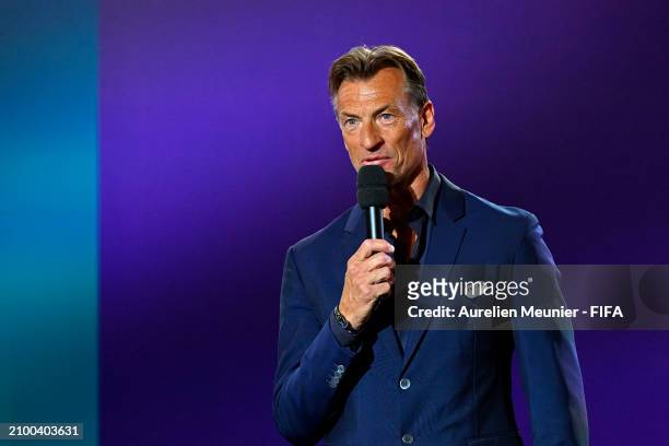 Herve Renard France Women football coach speaks onstage before the Olympic football tournament final draw at Paris 2014 HQ on March 20, 2024 in...