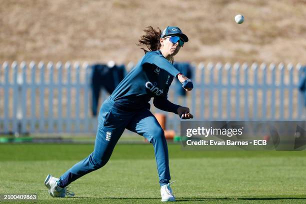 Maia Bouchier during an England Women's T20 International squad training session at Saxton Field on March 21, 2024 in Nelson, New Zealand.