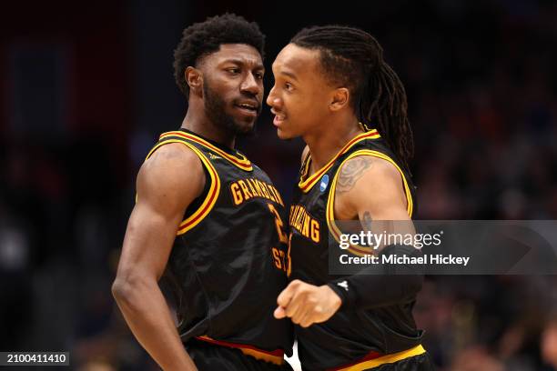 Zahad Munford and Mikale Stevenson of the Grambling State Tigers celebrate against the Montana State Bobcats during the second half in the First Four...