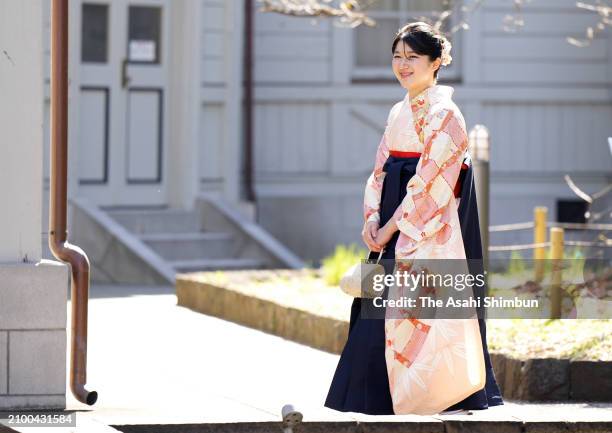 Princess Aiko, daughter of Emperor Naruhito and Empress Masako, poses ahead of the graduation ceremony of Gakushuin University on March 20, 2024 in...