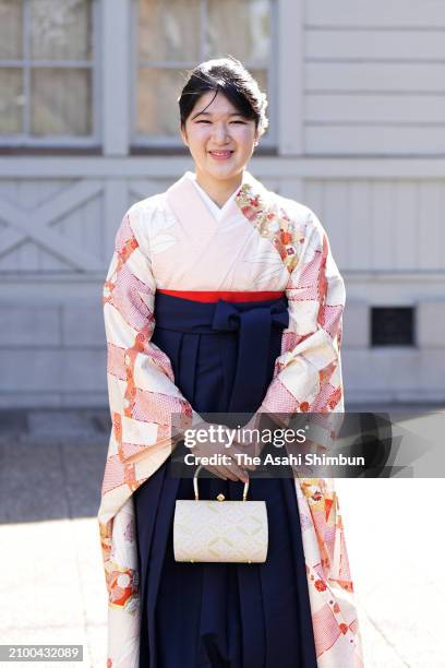 Princess Aiko, daughter of Emperor Naruhito and Empress Masako, poses ahead of the graduation ceremony of Gakushuin University on March 20, 2024 in...