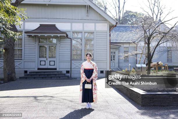 Princess Aiko, daughter of Emperor Naruhito and Empress Masako, poses ahead of the graduation ceremony of Gakushuin University on March 20, 2024 in...