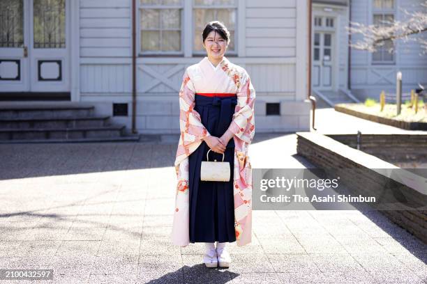 Princess Aiko, daughter of Emperor Naruhito and Empress Masako, poses ahead of the graduation ceremony of Gakushuin University on March 20, 2024 in...