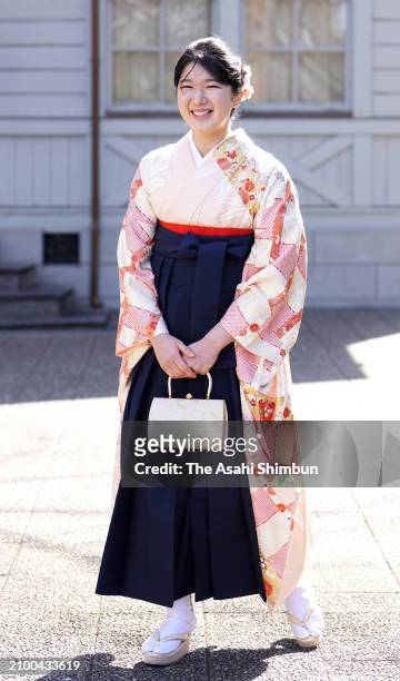 Princess Aiko, daughter of Emperor Naruhito and Empress Masako, poses ahead of the graduation ceremony of Gakushuin University on March 20, 2024 in...