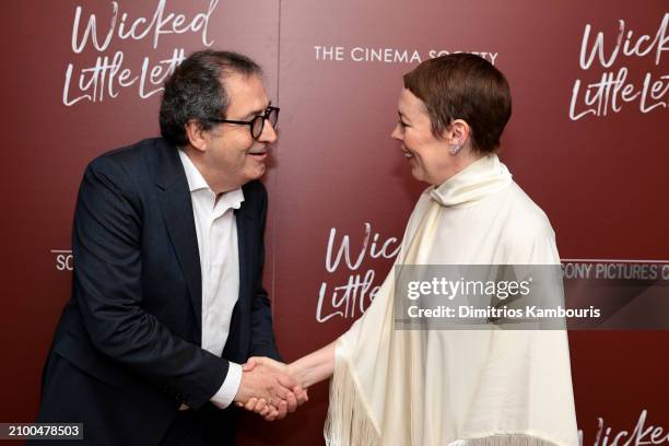 Michael Barker and Olivia Colman attend Sony Pictures Classics And The Cinema Society Screening Of "Wicked Little Letters" at Crosby Street Hotel on...