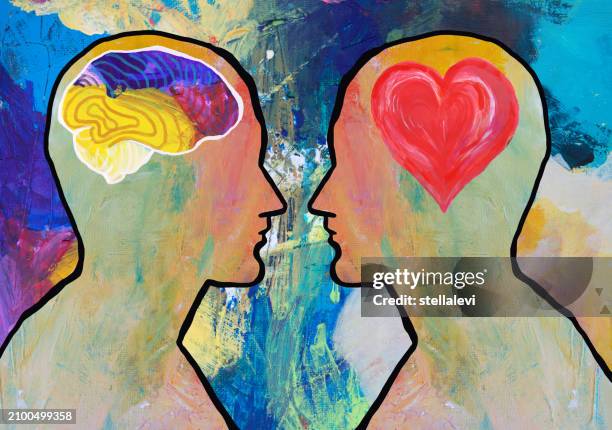 stockillustraties, clipart, cartoons en iconen met two people profile view with heart and brain. concept of mental health. - emotional intelligence