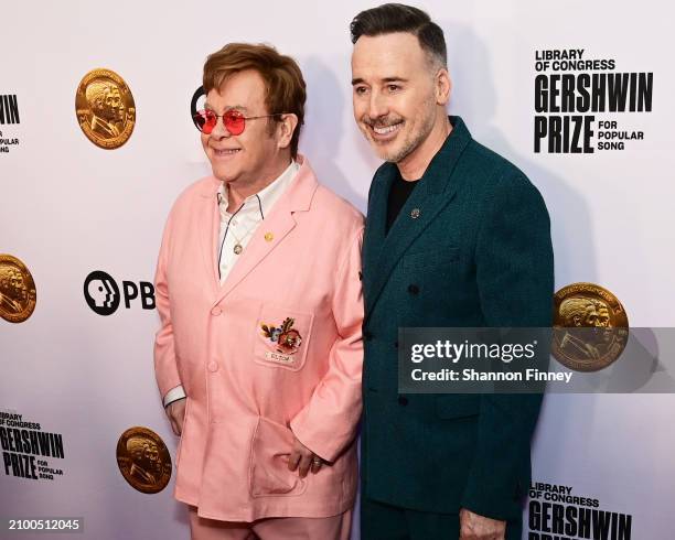 Elton John and David Furnish attend the 2024 Library of Congress Gershwin Prize for Popular Song on March 20, 2024 at DAR Constitution Hall in...