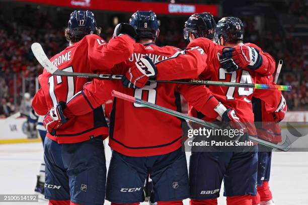 Alex Ovechkin of the Washington Capitals celebrates after scoring a goal against the Toronto Maple Leafs during the second period at Capital One...