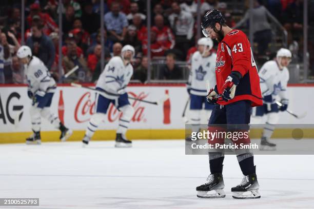 Tom Wilson of the Washington Capitals reacts after Jake McCabe of the Toronto Maple Leafs scored a goal during the second period at Capital One Arena...