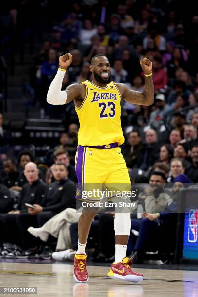 LeBron James of the Los Angeles Lakers reacts during their game against the Sacramento Kings at Golden 1 Center on March 13, 2024 in Sacramento,...