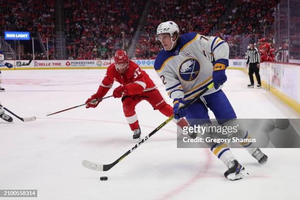 Tage Thompson of the Buffalo Sabres plays against the Detroit Red Wings at Little Caesars Arena on March 16, 2024 in Detroit, Michigan.
