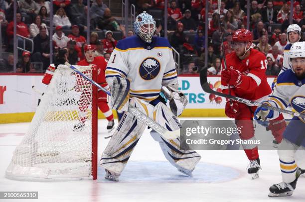 Ukko-Pekka Luukkonen of the Buffalo Sabres plays against the Detroit Red Wings at Little Caesars Arena on March 16, 2024 in Detroit, Michigan.