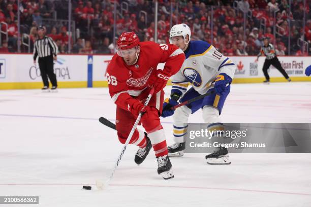 Christian Fischer of the Detroit Red Wings plays against the Buffalo Sabres at Little Caesars Arena on March 16, 2024 in Detroit, Michigan.