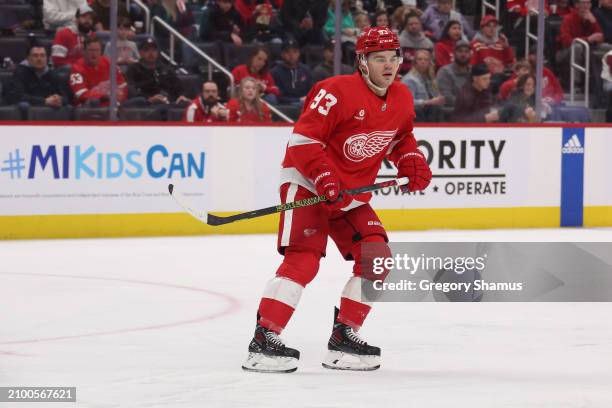 Alex DeBrincat of the Detroit Red Wings plays against the Buffalo Sabres at Little Caesars Arena on March 16, 2024 in Detroit, Michigan.