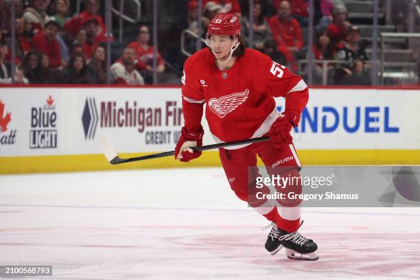 Moritz Seider of the Detroit Red Wings plays against the Buffalo Sabres at Little Caesars Arena on March 16, 2024 in Detroit, Michigan.