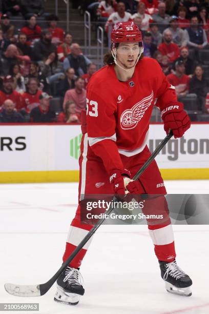 Moritz Seider of the Detroit Red Wings plays against the Buffalo Sabres at Little Caesars Arena on March 16, 2024 in Detroit, Michigan.