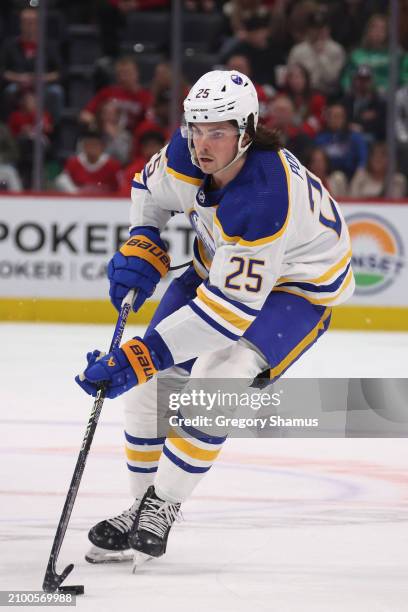 Owen Power of the Buffalo Sabres plays against the Detroit Red Wings at Little Caesars Arena on March 16, 2024 in Detroit, Michigan.